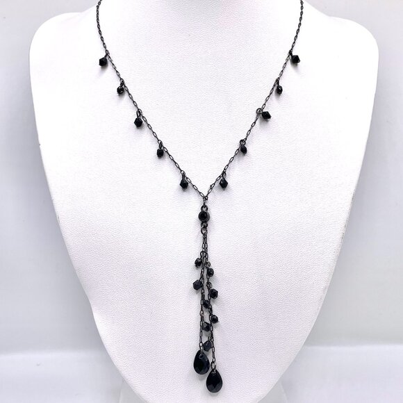 2028 Black Onyx Beaded Vintage Y2K Y Drop Necklace Teardrop Briolette Stones - Picture 1 of 4